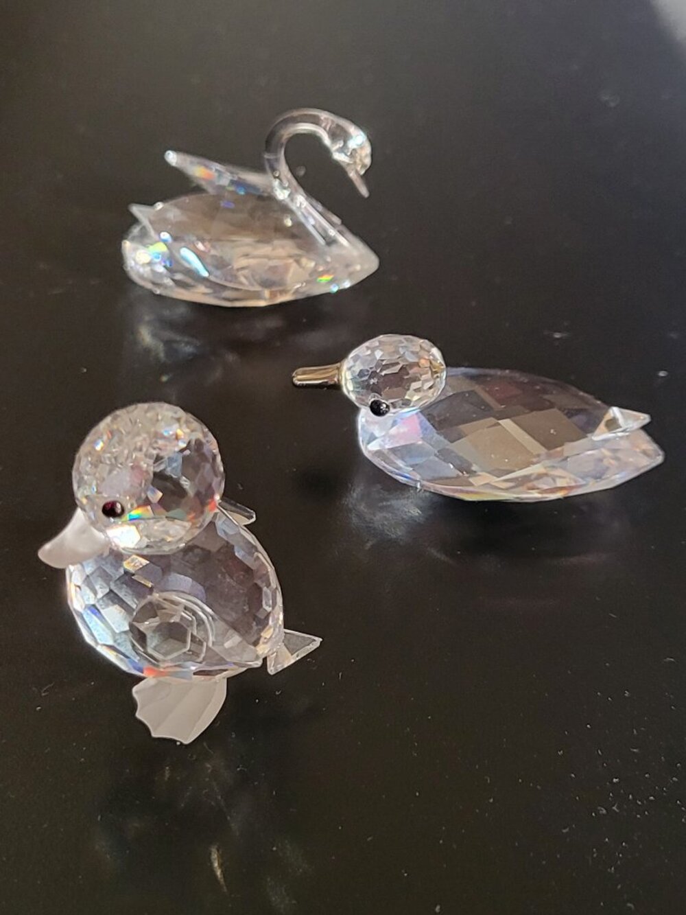 3 Swarovski Silver Crystal Bird Figurines: Swan & Standing + Swim Duck Duckling